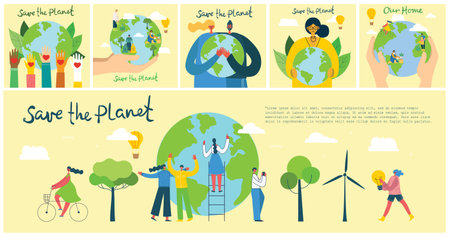Earth day concept. Human hands holding floating globe in space. Save our planet. Flat style vector isolated illustration.のイラスト素材