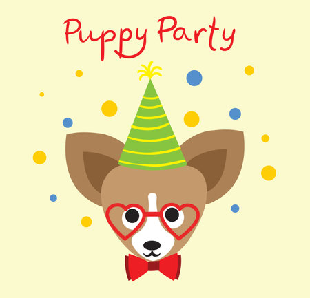 Puppy party background. Cute greeting card with presents and puppy dog in the flat styleのイラスト素材