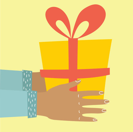 Hand holding out empty gift box ready for you, vector illustration design in the flat designのイラスト素材