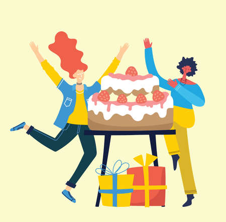 Party background. Happy group of people jumping on a bright background. The concept of friendship, healthy lifestyle, success. Vector illustration in a flat styleのイラスト素材