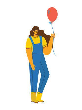 Beautiful young woman with colorful birthday balloon. Hand drawn woman in fashion clothes. . Vector illustration in the flat styleのイラスト素材