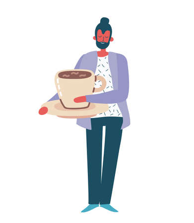 Bearded man is holding a cup of tea. Vector illustration in cartoon styleのイラスト素材