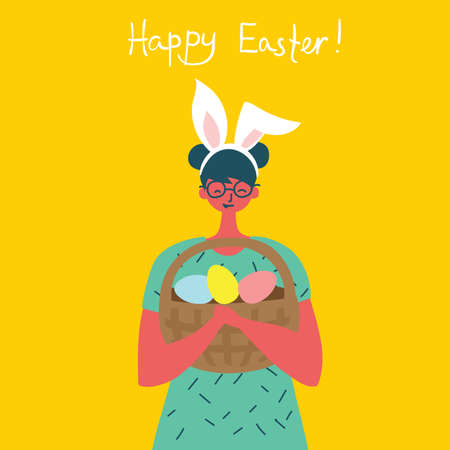 Vector Easter card with girl and the eggs and hand drawn text - Happy Easter in the flat styleのイラスト素材
