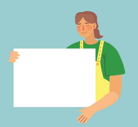 Vector illustration of woman with banner for use in advertising, presentations, brochures, blogs, documents and forms in the flat styleのイラスト素材