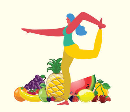 Health lifestyle. Healthy food, sport, yoga. Colorful design. Isolated on a white background in the flat styleのイラスト素材