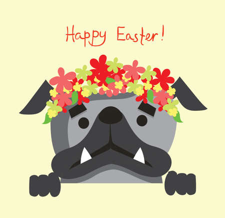 Vector Easter card with dog and spring flowers. Happy Easter in the flat styleのイラスト素材
