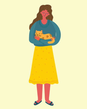 Pretty girl holding a cute cat in her lap.のイラスト素材