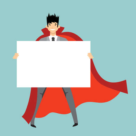 Vector illustration of superhero holding white banner in the flat styleのイラスト素材