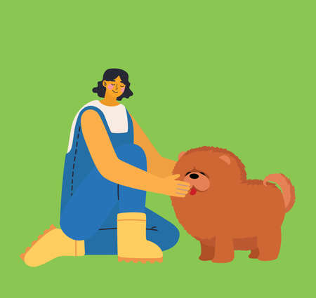 Pretty girl with her cute dog in the flat designのイラスト素材