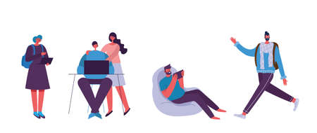 Vector set of different students with gadgets and books