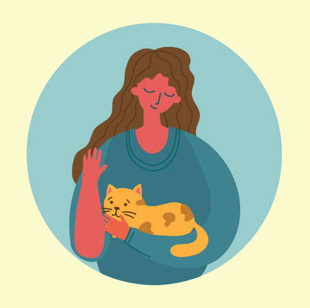 Pretty girl holding a cute cat in her lap in the flat designのイラスト素材