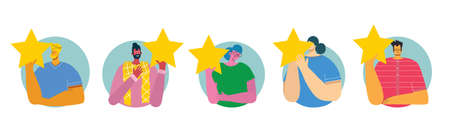 People are holding five stars and giving positive feedback. Happy clients evaluating app, product, service. Feedback consumer, customer review evaluation. Trendy vector flat illustration.のイラスト素材
