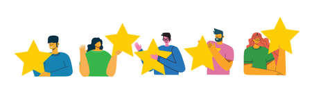 People are holding five stars and giving positive feedback. Happy clients evaluating app, product, service. Feedback consumer, customer review evaluation. Trendy vector flat illustration.のイラスト素材
