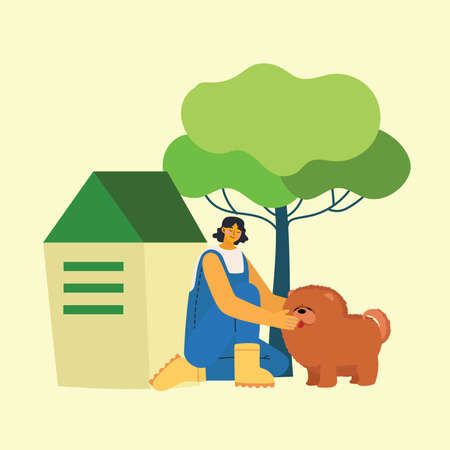 Girl with cute dogs and cats and pets around in the park in the flat styleのイラスト素材