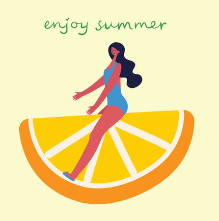 Young woman with orange in the flat styleのイラスト素材