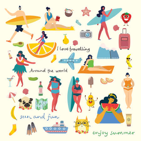 Set of different vector summer travel people and icons in the flat styeのイラスト素材