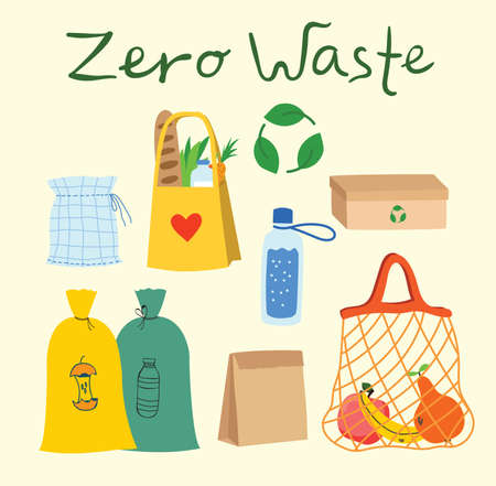Hand drawn elements of zero waste life in vector. Eco style. No plastic. Go greenのイラスト素材