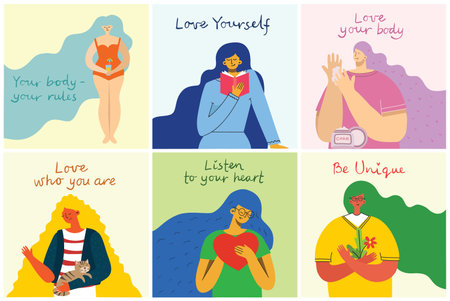 Listen to your heart. Love yourself. Vector lifestyle concept card with text don t forget to love yourself in the flat styleのイラスト素材