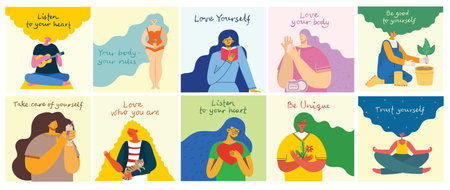 Listen to your heart. Love yourself. Vector lifestyle concept card with text don t forget to love...