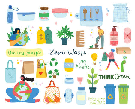 Hand drawn elements of zero waste life in vector. Eco style. No plastic. Go green in the flat styleのイラスト素材