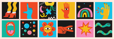 Big Set of Different colored Vector illustartions in Cartoon Flat design. Hand drawn Abstract...