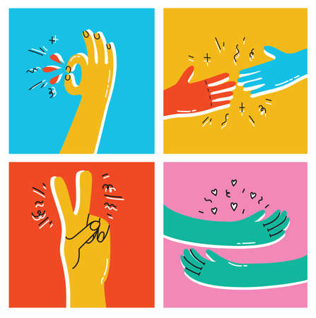 Help and empathy concept two hands helping one another vector simple minimal illustration, friendship understanding, support.のイラスト素材