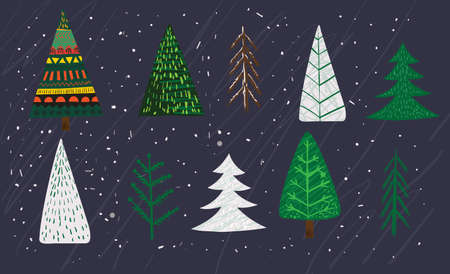 Vector hand drawing trendy abstract illustrations of holiday card of Merry Christmas and Happy New Year 2022 with christmas tree, winter forest and lettering.のイラスト素材