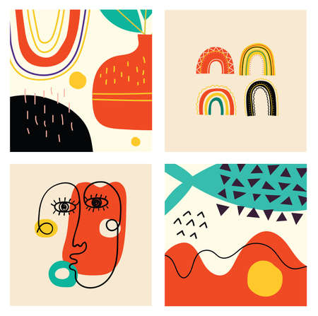 Set of hand drawn various faces, shapes and doodle objects. Abstract contemporary modern vector...