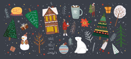 Vector set of winter Christmas trees and snow, house, people, bear, snowman, cats and gift for Creating own New Year and Christmas illustration cardsのイラスト素材