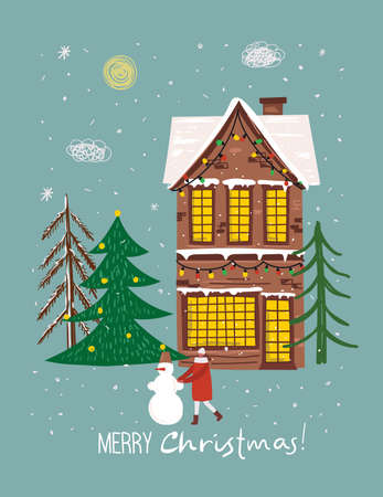 Vector hand drawing trendy abstract illustration of holiday cards f Merry Christmas and Happy New Year 2022 with christmas tree, winter forest, people and lettering.のイラスト素材