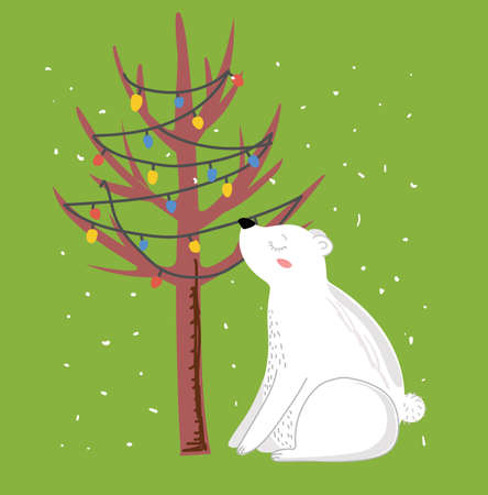 Vector hand drawing trendy abstract illustration of holiday card of Merry Christmas and Happy New Year 2022 with christmas tree, winter forest, people and lettering.のイラスト素材