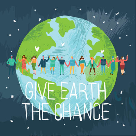 People Characters trying to Save Planet Earth. Global Warming and Climate Change Concept.