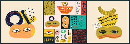 Big Set of Different colored Vector illustartions for posters in Cartoon Flat design. Hand drawn...