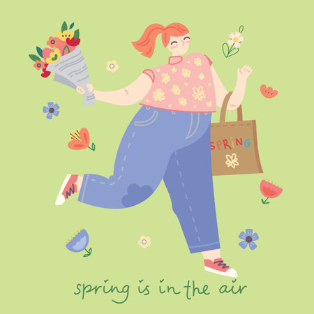 Cute girl holding a bouquet of flowers. Vector stock illustration. Design for the holiday of spring, anniversary, birthday. Isolated on white background.のイラスト素材