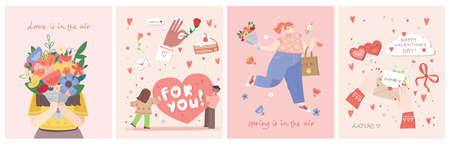 Romantic set of illustrations with man and woman. Love, love story, relationship. Vector design concept for Valentines Dayのイラスト素材