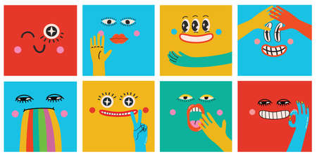 Collection of crazy Abstract comic characters elements and faces. Bright colors Cartoon style. Vector Illustrationのイラスト素材
