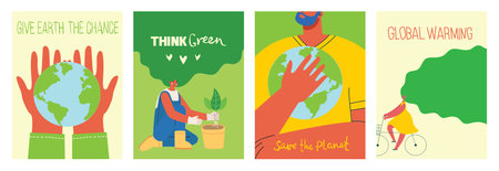Vector eco illustration cards for social poster, banner or card of saving the planet, human hands...
