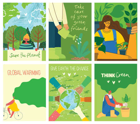Vector eco illustration cards for social poster, banner or card of saving the planet, human hands protect our earth.のイラスト素材