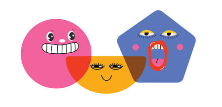 Collection of Round abstract comic Faces with various Emotions. Crazy Abstract comic geometric shape...