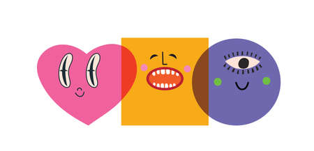 Collection of Round abstract comic Faces with various Emotions. Crazy Abstract comic geometric shape...