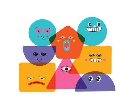Collection of abstract comic Faces with various Emotions. Crazy Abstract comic geometric shape characters elements and faces. Bright colors Cartoon style. Vector Illustrationのイラスト素材