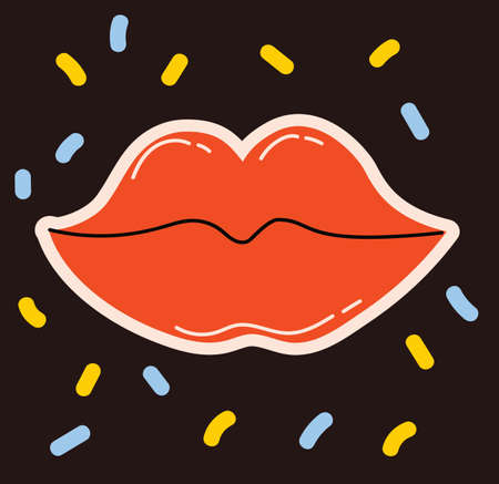 Colored Vector illustartion of crazy lips for posters in Cartoon Flat design. Hand drawn Abstract shape, face, different texture, funny Comic character.のイラスト素材