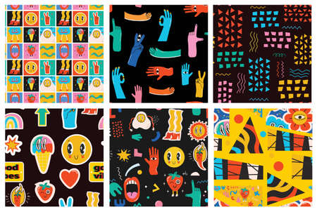 Seamless patterns with crazy comic faces and colorful geometric shapes with outline. Mosaic texture...