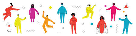 Young men and women with abstract geometric shapes. Team building and teamwork concept. Business partnership, cooperation and communication. Modern flat cartoon style.のイラスト素材