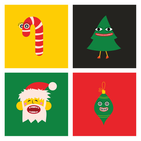 Merry Christmas and Happy New Year 2023. Vector trendy abstract illustrations of holiday card with santa claus, deer, crazy geometric shapes, christmas tree and wreath for poster.のイラスト素材