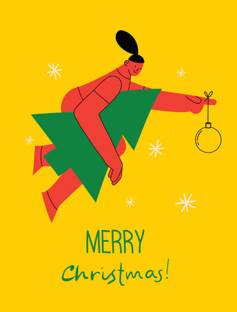 Merry Christmas and Christmas sale. Vector trendy abstract illustration of holiday card with People running for shopping with christmas tree.のイラスト素材