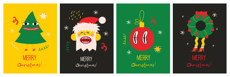 Merry Christmas and Happy New Year 2023. Vector trendy abstract illustrations of holiday card with santa claus, deer, crazy geometric shapes, christmas tree and wreath for poster.のイラスト素材