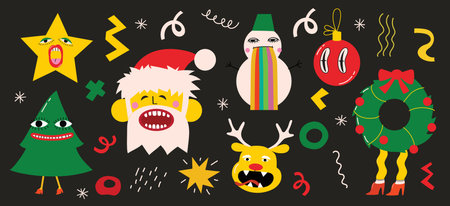 Merry Christmas and Happy New Year 2023. Vector trendy abstract illustrations of holiday card with santa claus, deer, crazy geometric shapes, christmas tree and wreath for poster.のイラスト素材