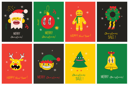 Merry Christmas and Happy New Year 2023. Vector trendy abstract illustrations of holiday card with santa claus, deer, crazy geometric shapes, christmas tree and wreath for poster.のイラスト素材