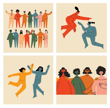 Women friendship group. Diverse female team standing together, holding hands, girls power, multinational sisterhood community vector illustration. Friendship group females, people diversityのイラスト素材